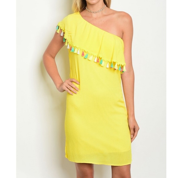 Golden Threads Dresses & Skirts - Yellow One Shoulder Ruffle Tassel Dress